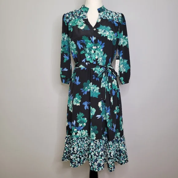 Luxology Dresses | Luxology Floral Dress, Black, Blue, & Green, 3/4 Sleeve, Small, New With Tags | Color: Black/Green | Size: S | Divinelydressed's